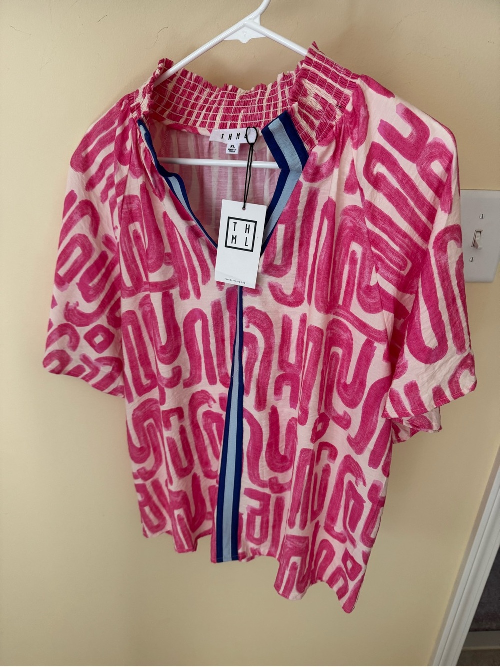 THML Pink Abstract Short Sleeve Smocked Neck Blouse